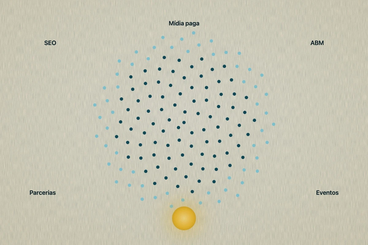 Colagem Oneck Creative: padrão áureo de pontos (phyllotaxis) convergindo para um disco dourado, com os canais SEO, mídia paga, ABM, parcerias e eventos ao redor
