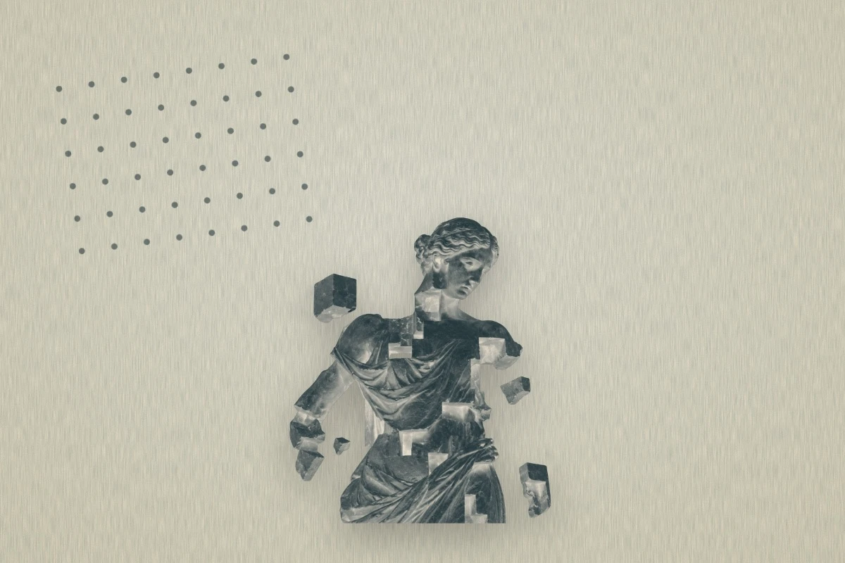 Colagem Oneck Creative: estátua clássica de mármore em duotone teal se fragmentando em blocos geométricos, representando o funil de qualificação sendo construído peça por peça