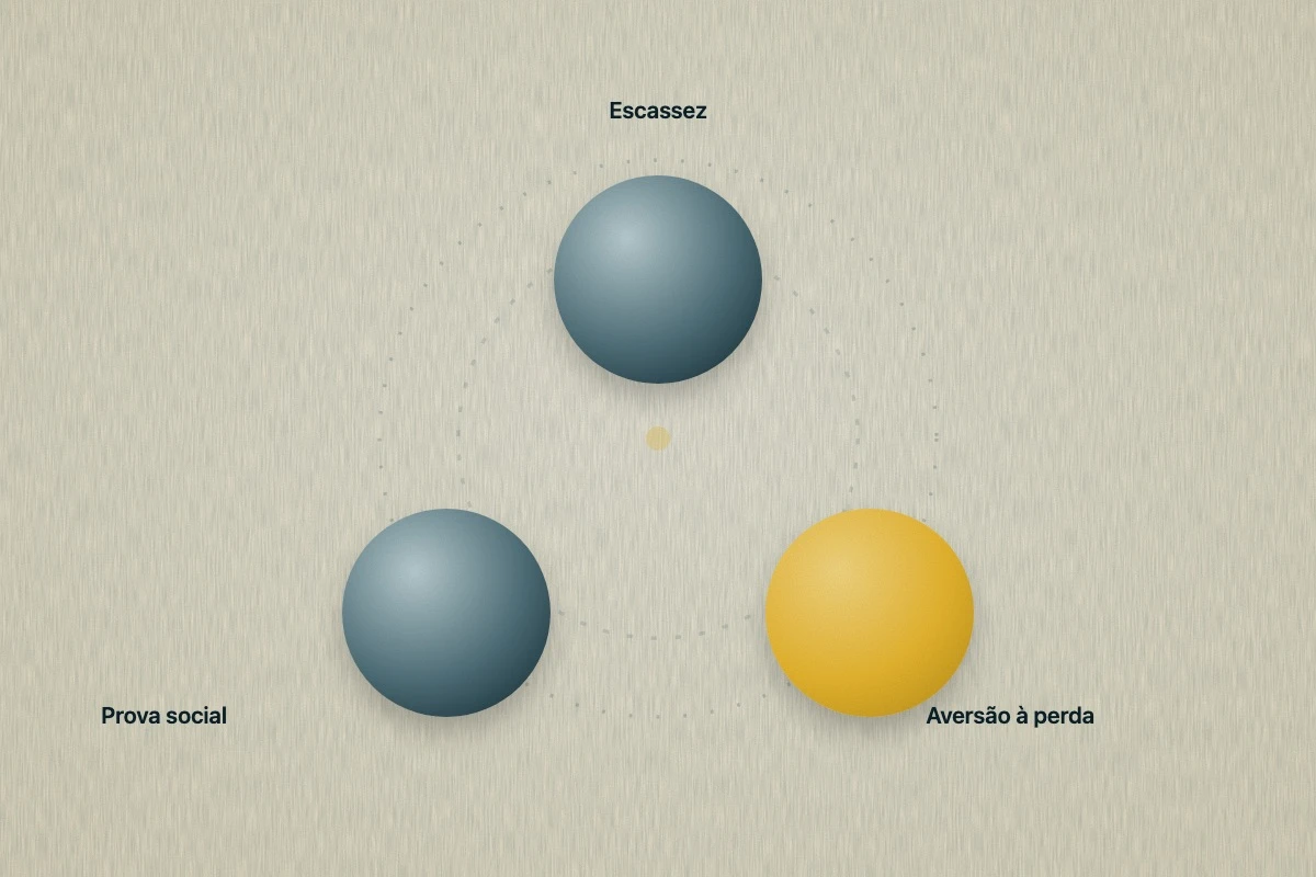 Colagem Oneck Creative: três discos, dois teal e um dourado, dispostos em composição triangular sobre uma órbita pontilhada, rotulados escassez, prova social e aversão à perda
