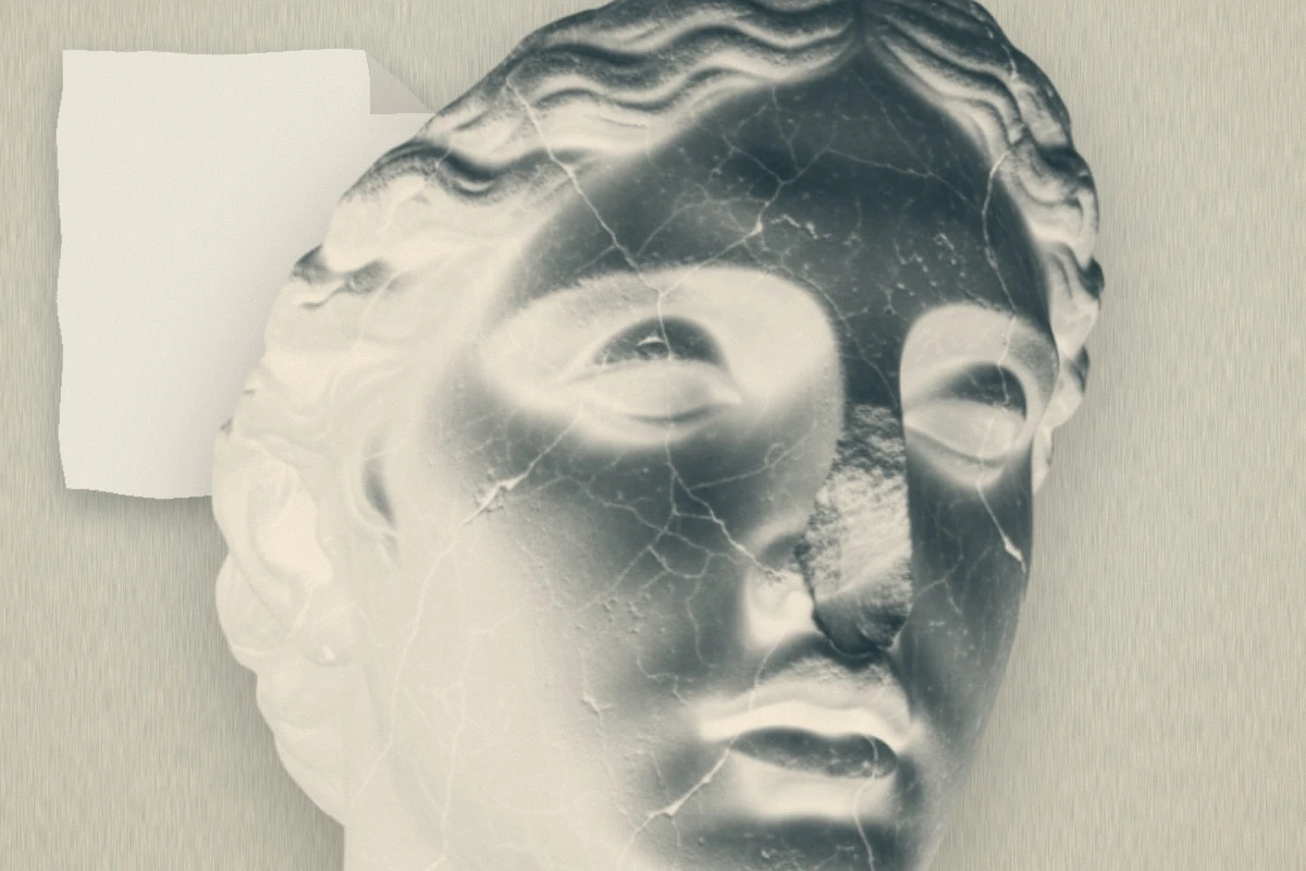 Colagem Oneck Creative: detalhe macro em duotone teal de uma rachadura profunda no rosto de uma estátua clássica de mármore